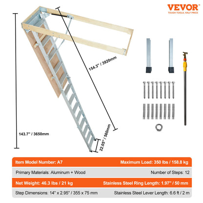 Attic Ladder Foldable, 158.8 kg Capacity, 57.15 cm x 160 cm, Multi-Purpose Aluminium Extension, Lightweight and Portable, Fits 2.9m-3.7m Ceiling Heights, Convenient Access to Your Attic Standard