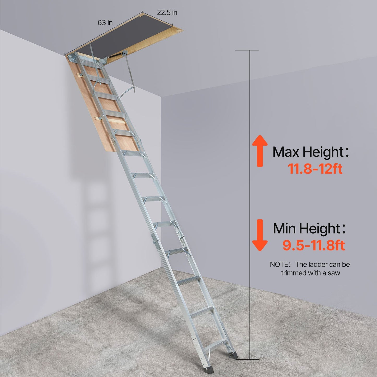 Attic Ladder Foldable, 158.8 kg Capacity, 57.15 cm x 160 cm, Multi-Purpose Aluminium Extension, Lightweight and Portable, Fits 2.9m-3.7m Ceiling Heights, Convenient Access to Your Attic Standard