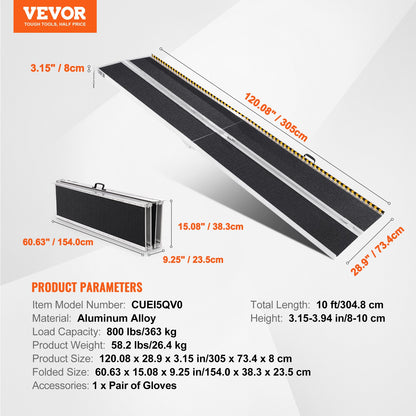 Tragbare Rollstuhlrampe, 304,8 cm, Tragkraft 363 kg, rutschfeste, faltbare Aluminium-Schwellenrampe, faltbare Rampe für Elektromobile und Rollstühle, Rampe für Menschen mit Behinderungen im Haushalt, Treppen, Türrahmen und Bordsteinkanten
