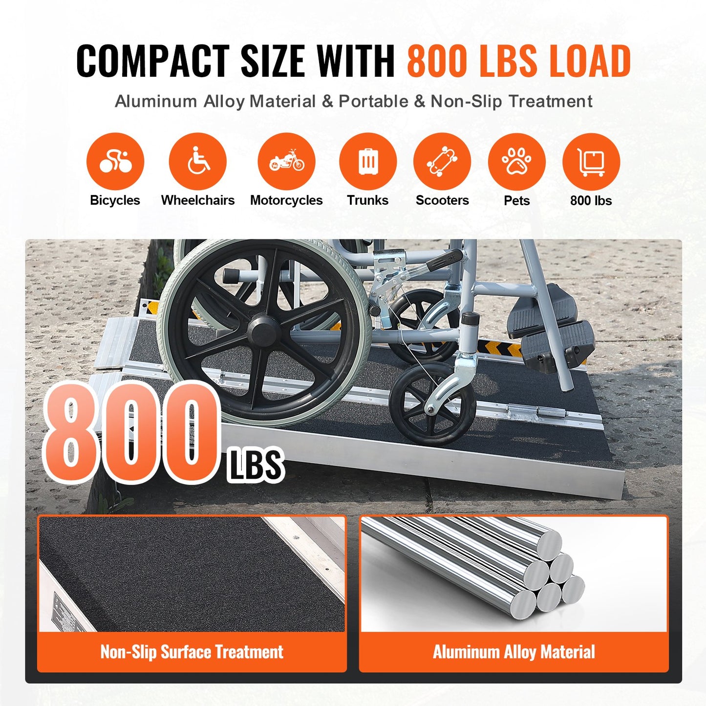 Tragbare Rollstuhlrampe, 61 cm, Tragkraft 362,9 kg, rutschfeste, faltbare Aluminium-Schwellenrampe, faltbare Rampe für Elektromobile, Rollstuhlrampe, Behindertenrampe für Treppen, Türen und Bordsteine ​​im Haus