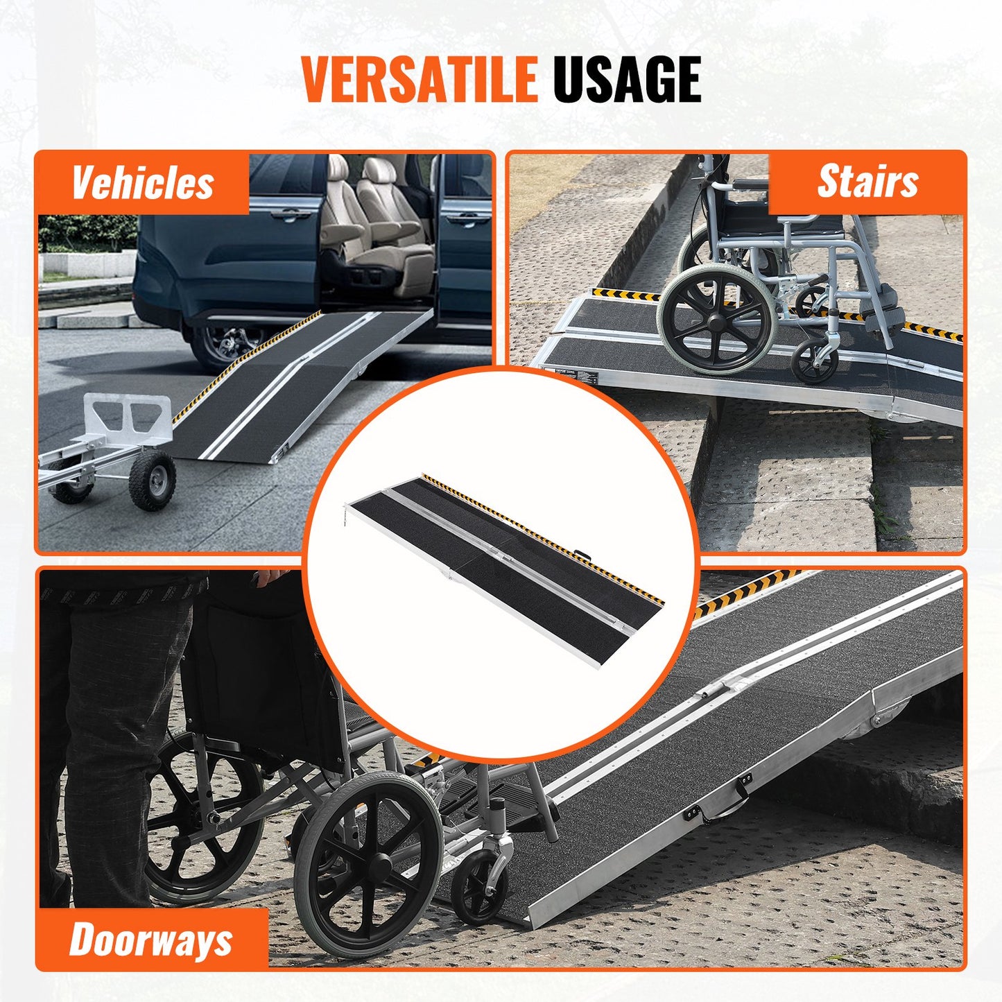 Tragbare Rollstuhlrampe, 2,13 m, Tragkraft 363 kg, rutschfeste, faltbare Aluminium-Schwellenrampe, faltbare Rampe für Elektromobile, Rollstuhlrampe, Behindertenrampe für Treppen, Türen und Bordsteine ​​im Haus
