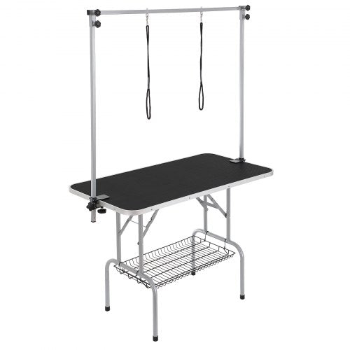 Pet Grooming Table Two Arms with Clamp, 117cm Dog Grooming Station, Foldable Pets Grooming Stand for Medium and Small Dogs, Free Two No Sit Haunch Holder with Grooming Loop, Bearing 149.7kg