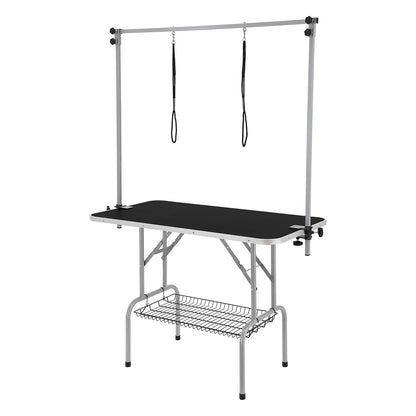 Pet Grooming Table Two Arms with Clamp, 117cm Dog Grooming Station, Foldable Pets Grooming Stand for Medium and Small Dogs, Free Two No Sit Haunch Holder with Grooming Loop, Bearing 149.7kg