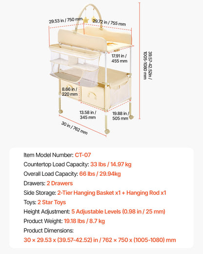 Baby Changing Table, Foldable Diaper Change Station with 2 Fabric Drawers, Side Basket & Hanging Rod, Adjustable Height Portable Changing Table with Lockable Wheels & 2 Star Toys, Light Beige