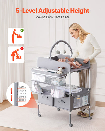 Baby Changing Table, Foldable Diaper Change Station with 2 Fabric Drawers, Side Basket & Hanging Rod, Adjustable Height Portable Changing Table with Lockable Wheels & 2 Star Toys, Light Gray