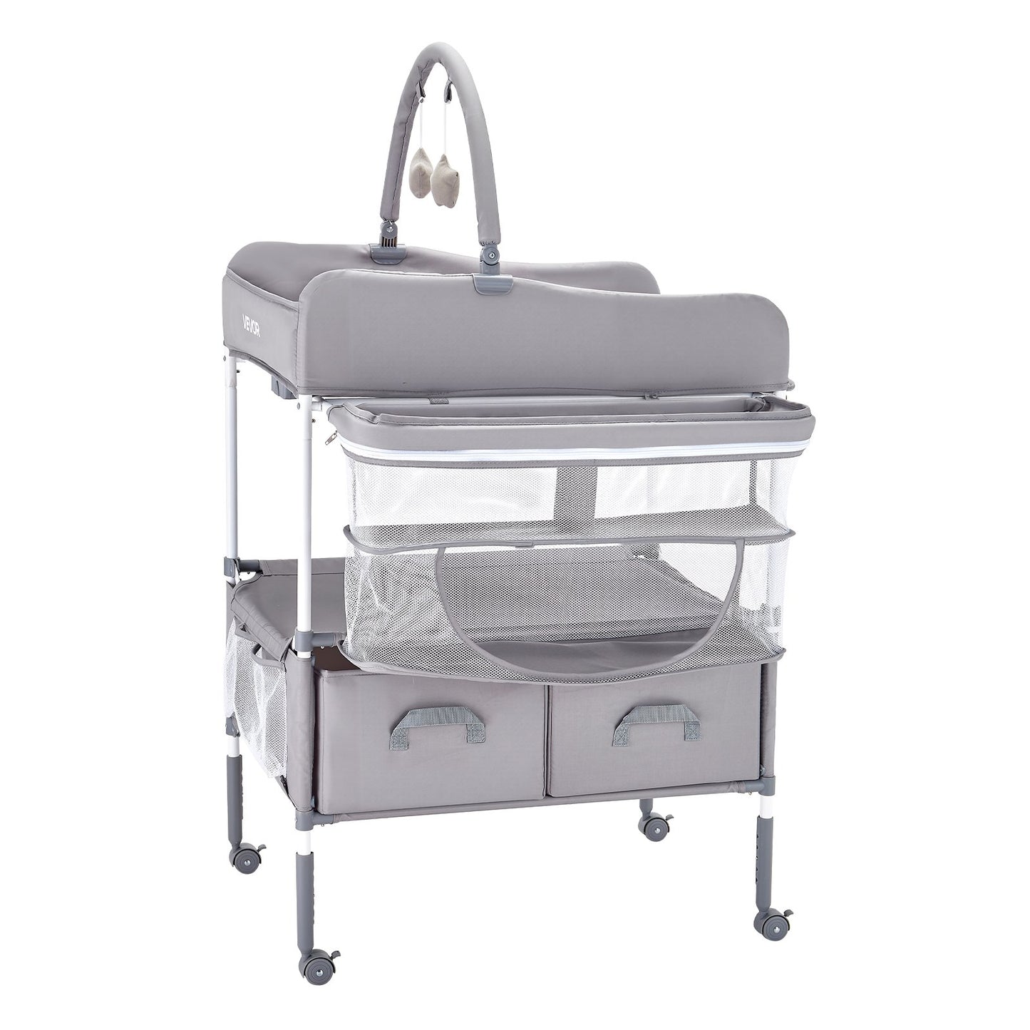 Baby Changing Table, Foldable Diaper Change Station with 2 Fabric Drawers, Side Basket & Hanging Rod, Adjustable Height Portable Changing Table with Lockable Wheels & 2 Star Toys, Light Gray