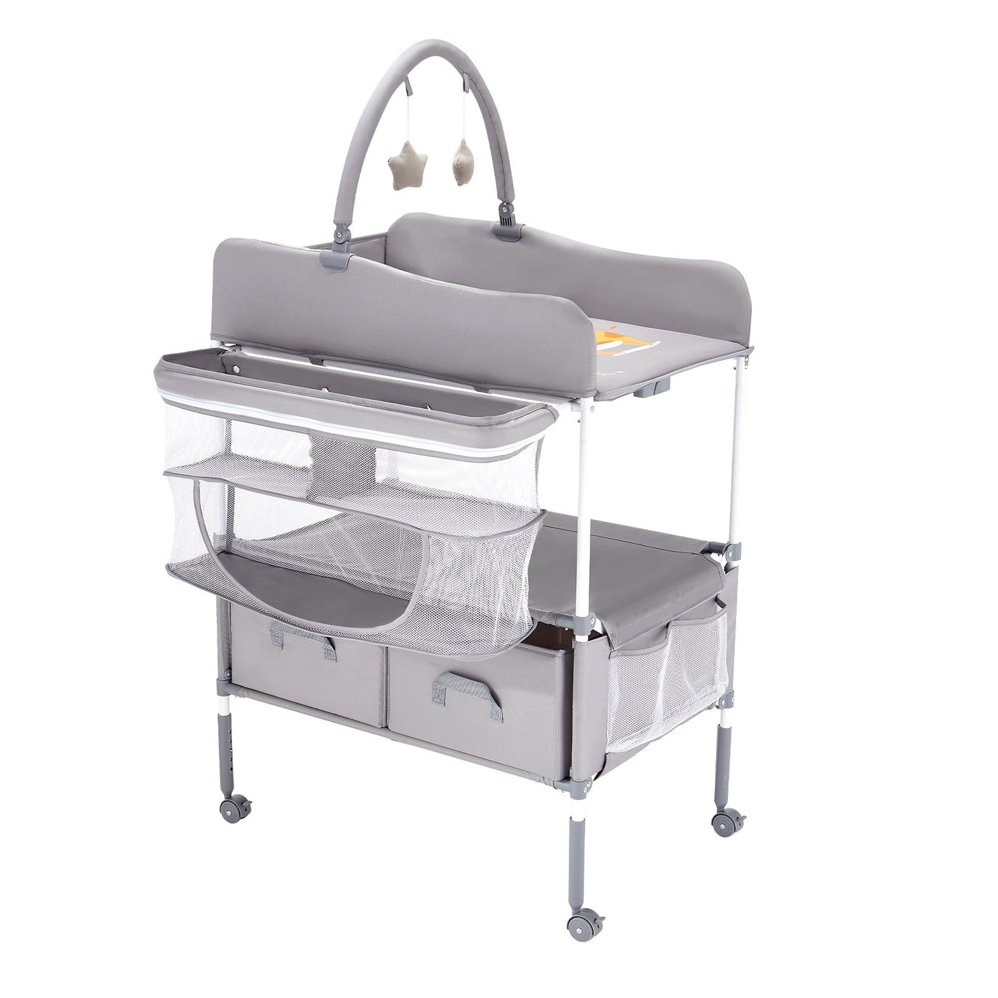 Baby Changing Table, Foldable Diaper Change Station with 2 Fabric Drawers, Side Basket & Hanging Rod, Adjustable Height Portable Changing Table with Lockable Wheels & 2 Star Toys, Light Gray