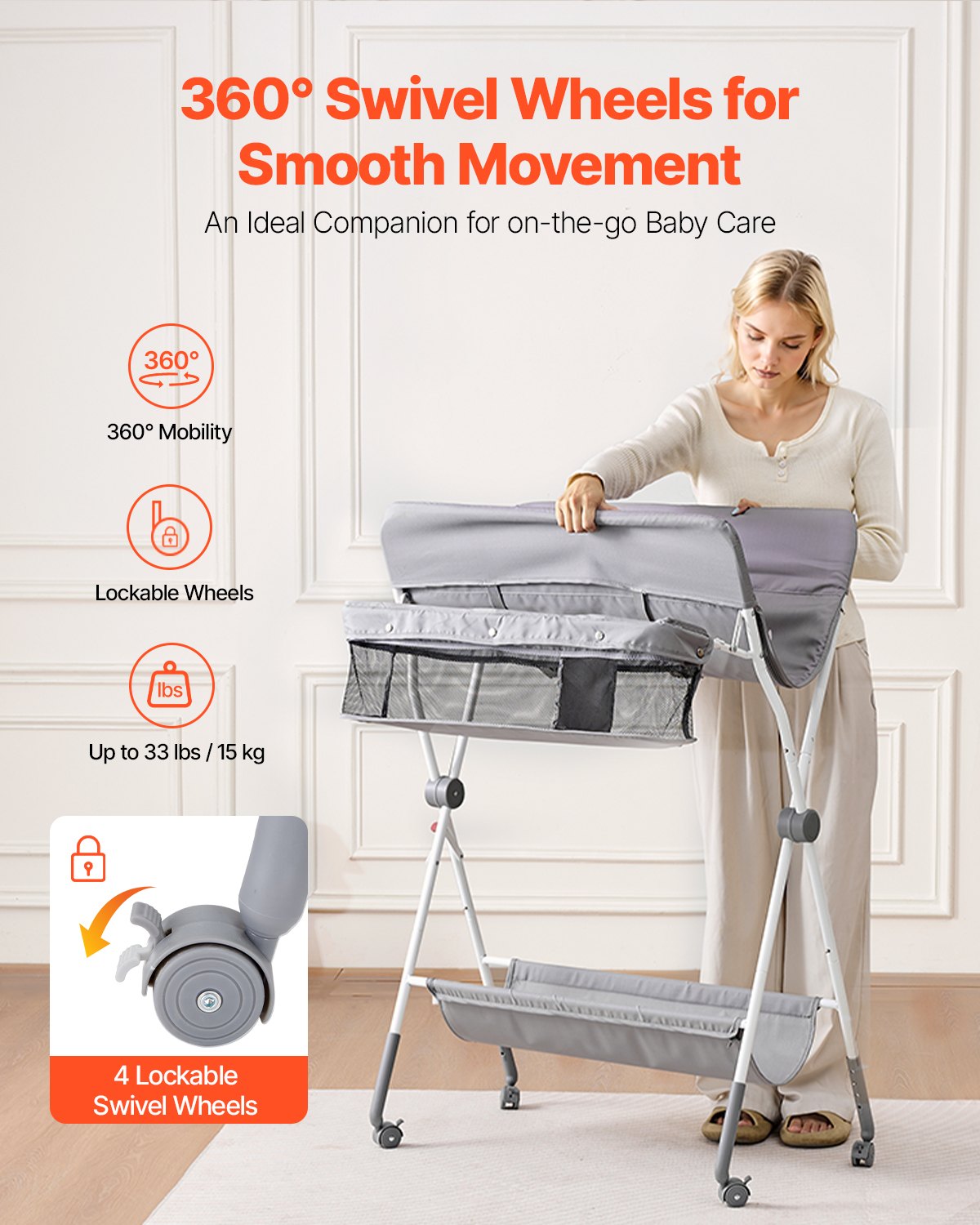 Wickeltisch, faltbar mit Seitenkorb, höhenverstellbar, tragbar, mit feststellbaren Rollen, multifunktionaler Aufbewahrungsorganizer fürs Kinderzimmer, Hellgrau