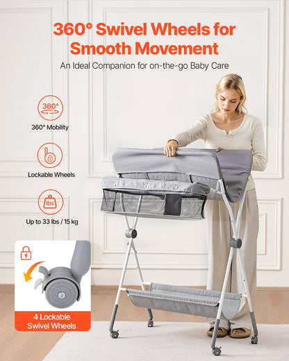 Wickeltisch, faltbar mit Seitenkorb, höhenverstellbar, tragbar, mit feststellbaren Rollen, multifunktionaler Aufbewahrungsorganizer fürs Kinderzimmer, Hellgrau