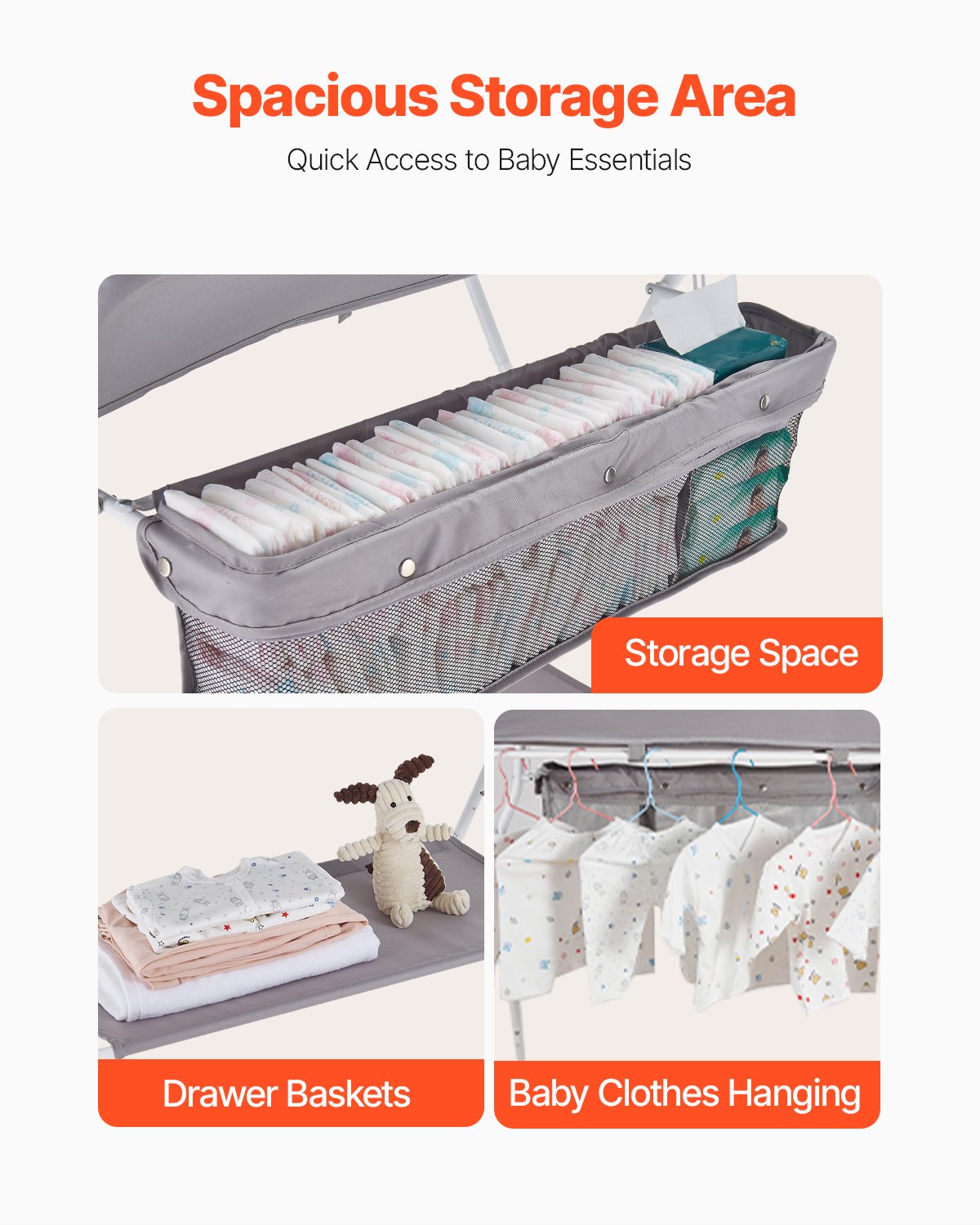 Wickeltisch, faltbar mit Seitenkorb, höhenverstellbar, tragbar, mit feststellbaren Rollen, multifunktionaler Aufbewahrungsorganizer fürs Kinderzimmer, Hellgrau