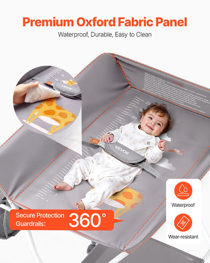 Wickeltisch, faltbar mit Seitenkorb, höhenverstellbar, tragbar, mit feststellbaren Rollen, multifunktionaler Aufbewahrungsorganizer fürs Kinderzimmer, Hellgrau