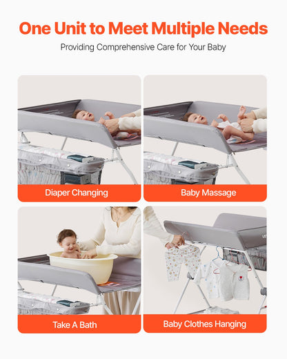 Wickeltisch, faltbar mit Seitenkorb, höhenverstellbar, tragbar, mit feststellbaren Rollen, multifunktionaler Aufbewahrungsorganizer fürs Kinderzimmer, Hellgrau