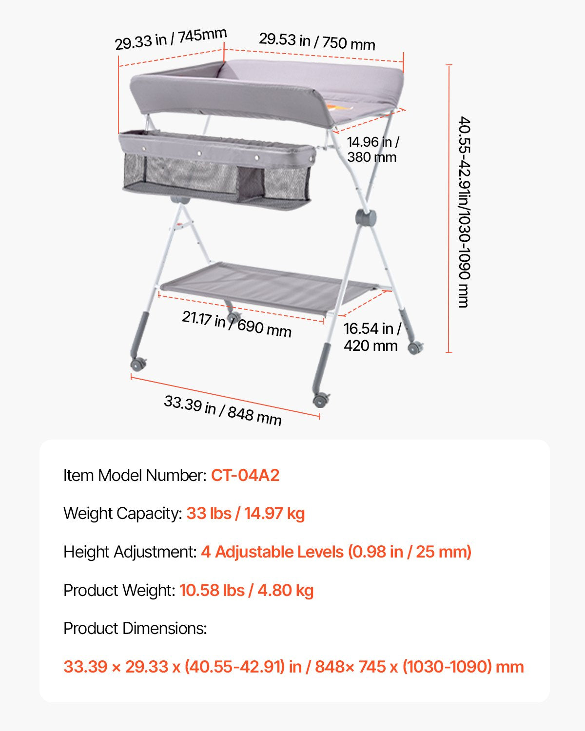 Wickeltisch, faltbar mit Seitenkorb, höhenverstellbar, tragbar, mit feststellbaren Rollen, multifunktionaler Aufbewahrungsorganizer fürs Kinderzimmer, Hellgrau