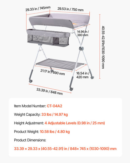 Wickeltisch, faltbar mit Seitenkorb, höhenverstellbar, tragbar, mit feststellbaren Rollen, multifunktionaler Aufbewahrungsorganizer fürs Kinderzimmer, Hellgrau