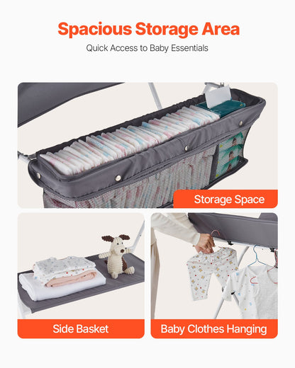 Wickeltisch, faltbar mit Seitenkorb, höhenverstellbar, tragbar, mit feststellbaren Rollen, multifunktionaler Aufbewahrungsorganizer fürs Kinderzimmer, Dunkelgrau