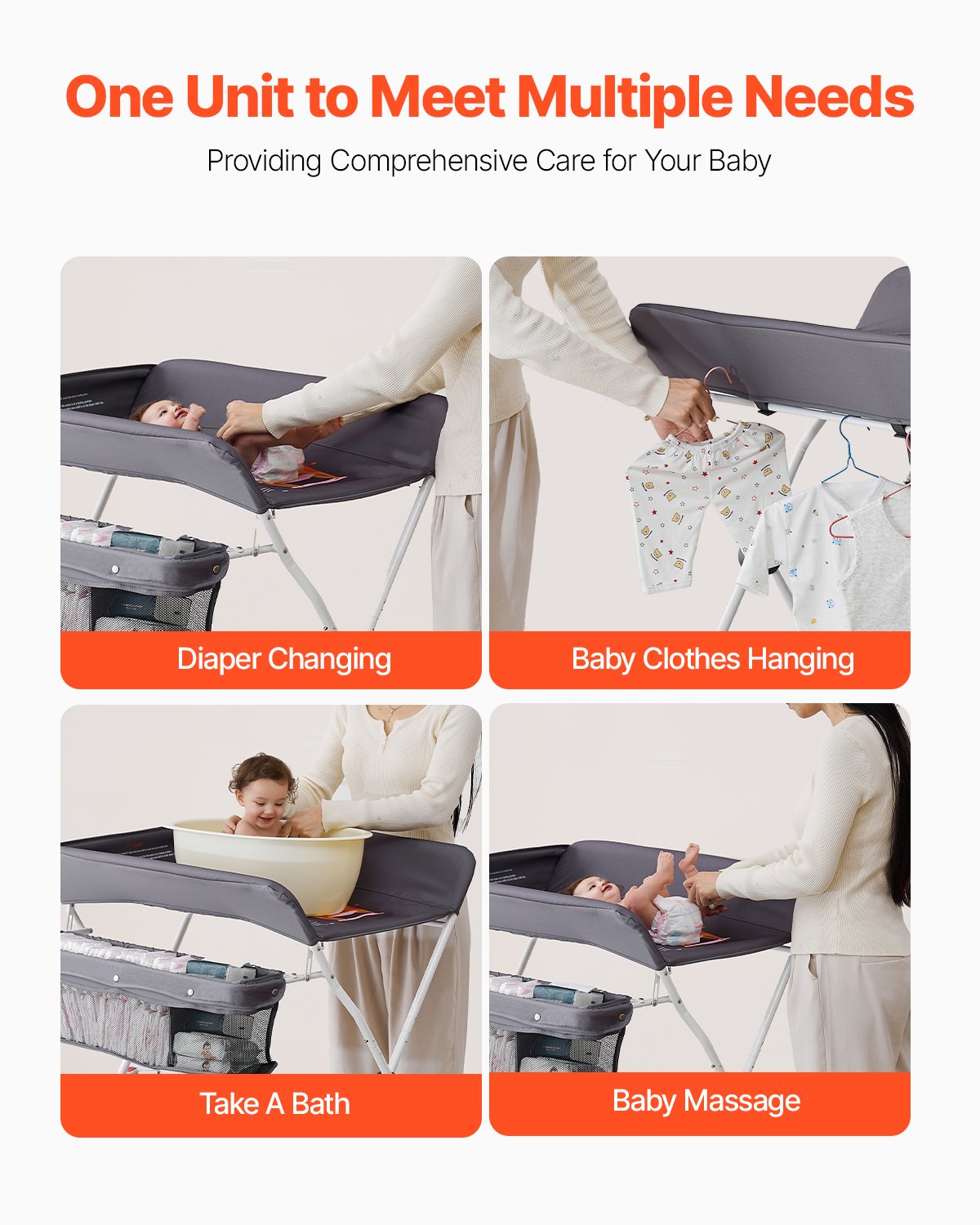 Wickeltisch, faltbar mit Seitenkorb, höhenverstellbar, tragbar, mit feststellbaren Rollen, multifunktionaler Aufbewahrungsorganizer fürs Kinderzimmer, Dunkelgrau