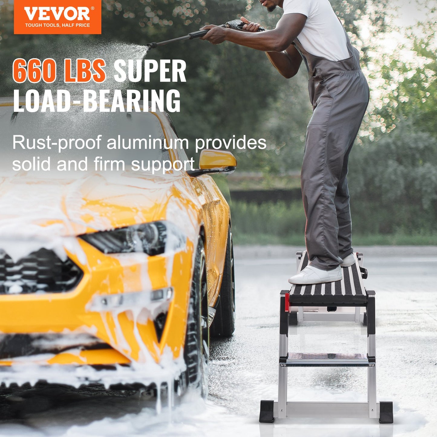 Folding Work Platform, 299.4 kg Load Capacity, Aluminum Drywall Stool Ladder, Heavy Duty Work Bench w/ Non-Slip Feet, Ideal for Washing Vehicles, Cleaning, Painting, Decorating