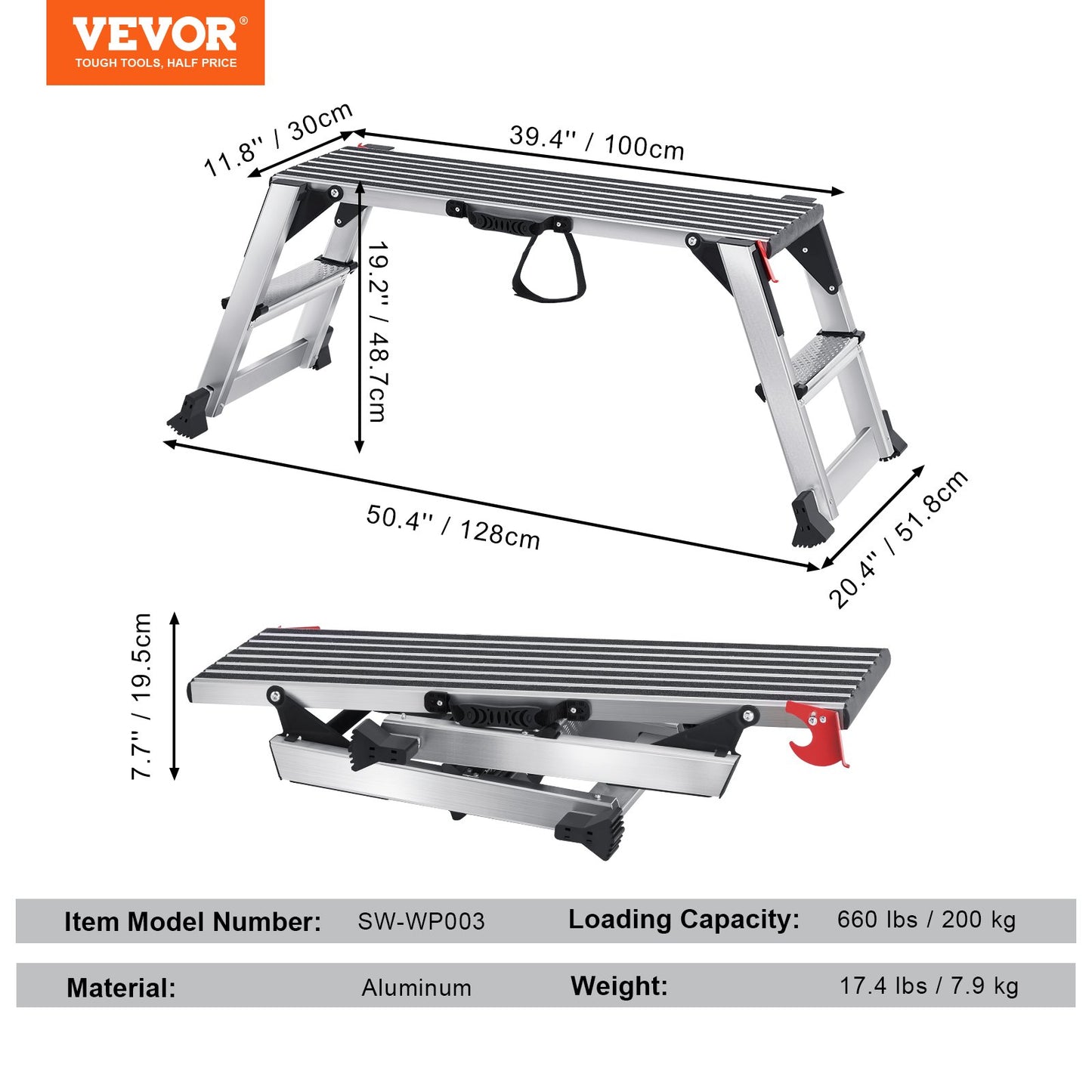 Folding Work Platform, 299.4 kg Load Capacity, Aluminum Drywall Stool Ladder, Heavy Duty Work Bench w/ Non-Slip Feet, Ideal for Washing Vehicles, Cleaning, Painting, Decorating