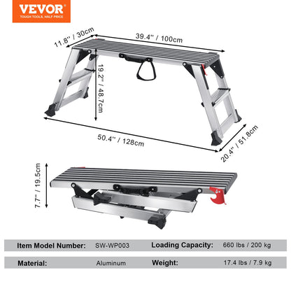 Folding Work Platform, 299.4 kg Load Capacity, Aluminum Drywall Stool Ladder, Heavy Duty Work Bench w/ Non-Slip Feet, Ideal for Washing Vehicles, Cleaning, Painting, Decorating