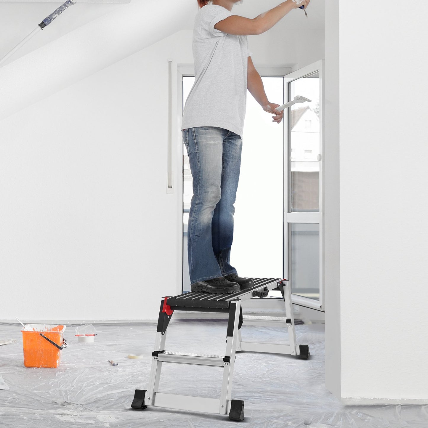 Folding Work Platform, 299.4 kg Load Capacity, Aluminum Drywall Stool Ladder, Heavy Duty Work Bench w/ Non-Slip Feet, Ideal for Washing Vehicles, Cleaning, Painting, Decorating