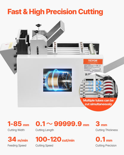 Automatischer Schrumpfschlauchschneider, Kabelrohrschneidemaschine mit 1 mm–85 mm Schnittbreite, 0,1 mm–99999,9 mm Schnittlänge, automatischer Schlauchschneider für Schrumpfschläuche, Glasfaserschläuche, Kabel, gelbe Wachsschläuche