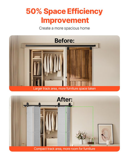 Bi-Folding Sliding Barn Door Hardware Track Kit, 64" Top Mount Track Kit, Slide Smoothly & Quietly, Heavy Duty, Easy to Install, Suitable for Four 15" Closet Pantry Laundry Doors (Not Included)