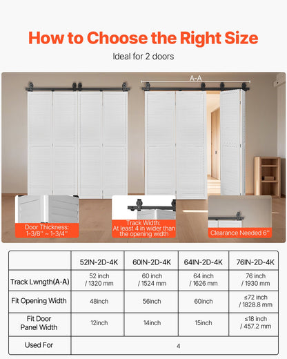 Bi-Folding Sliding Barn Door Hardware Track Kit, 64" Top Mount Track Kit, Slide Smoothly & Quietly, Heavy Duty, Easy to Install, Suitable for Four 15" Closet Pantry Laundry Doors (Not Included)