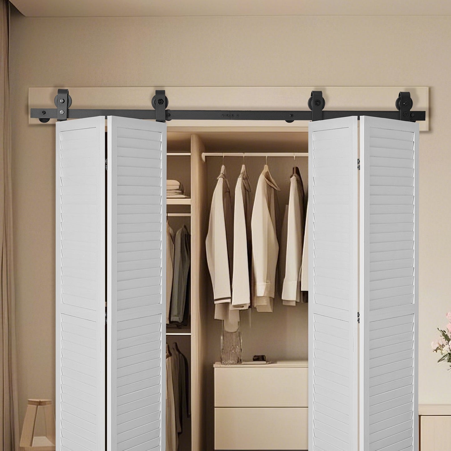 Bi-Folding Sliding Barn Door Hardware Track Kit, 64" Top Mount Track Kit, Slide Smoothly & Quietly, Heavy Duty, Easy to Install, Suitable for Four 15" Closet Pantry Laundry Doors (Not Included)