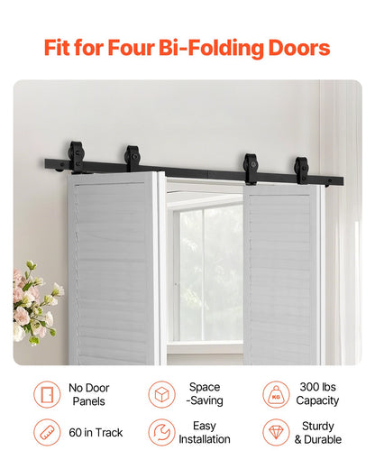 Bi-Folding Sliding Barn Door Hardware Track Kit, 60" Top Mount Track Kit, Slide Smoothly & Quietly, Heavy Duty, Easy to Install, Suitable for Four 14" Closet Pantry Laundry Doors (Not Included)