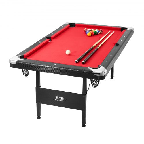 Billardtisch, 192 cm, tragbarer, platzsparender Klapptisch, Billardset inklusive Kugeln, Queues, Kreide und Bürste, schwarz mit rotem Tuch, ideal für das Familien-Spielzimmer, Kinder und Erwachsene