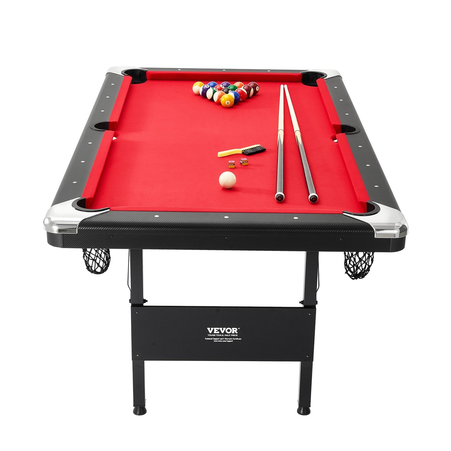 Billardtisch, 192 cm, tragbarer, platzsparender Klapptisch, Billardset inklusive Kugeln, Queues, Kreide und Bürste, schwarz mit rotem Tuch, ideal für das Familien-Spielzimmer, Kinder und Erwachsene