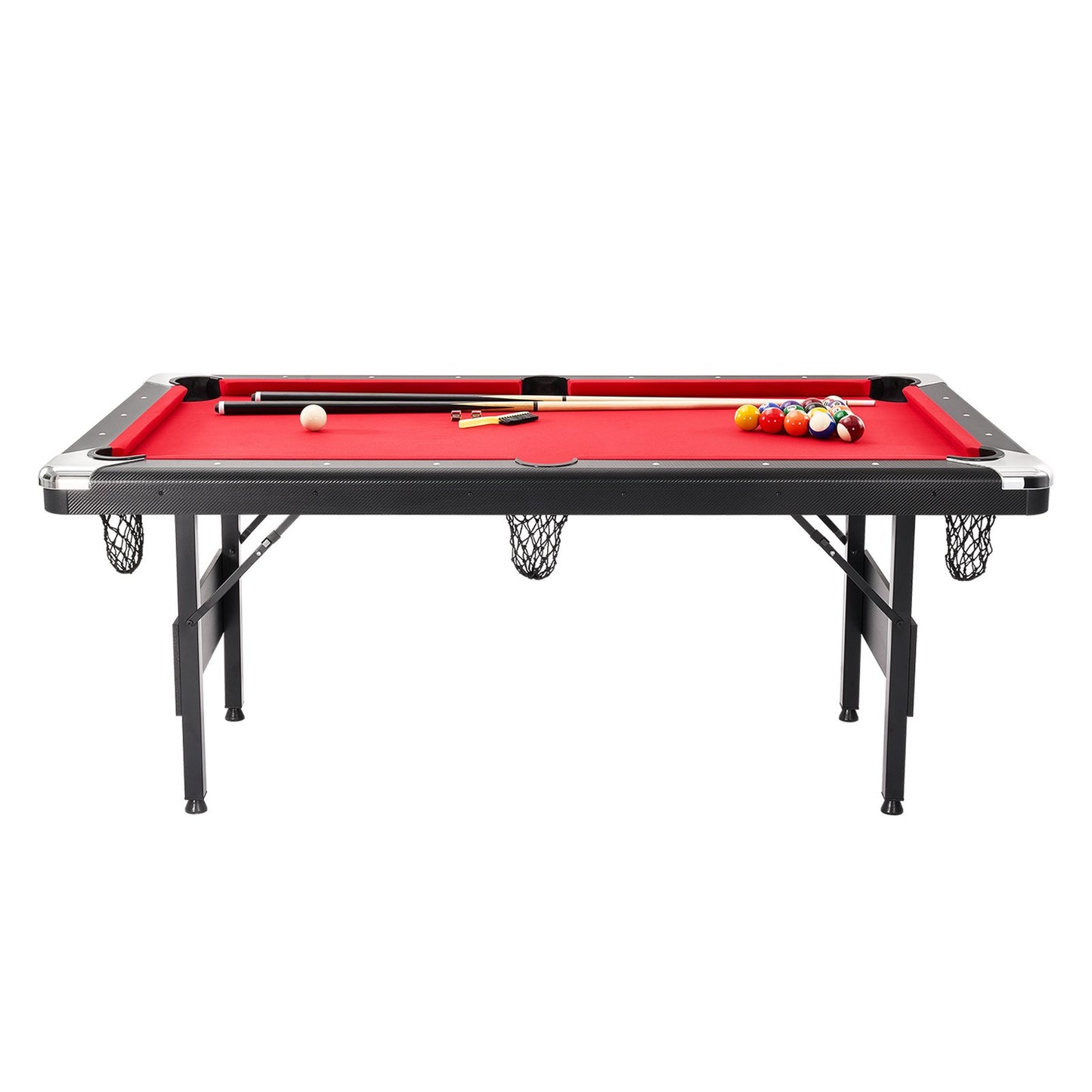 Billardtisch, 192 cm, tragbarer, platzsparender Klapptisch, Billardset inklusive Kugeln, Queues, Kreide und Bürste, schwarz mit rotem Tuch, ideal für das Familien-Spielzimmer, Kinder und Erwachsene