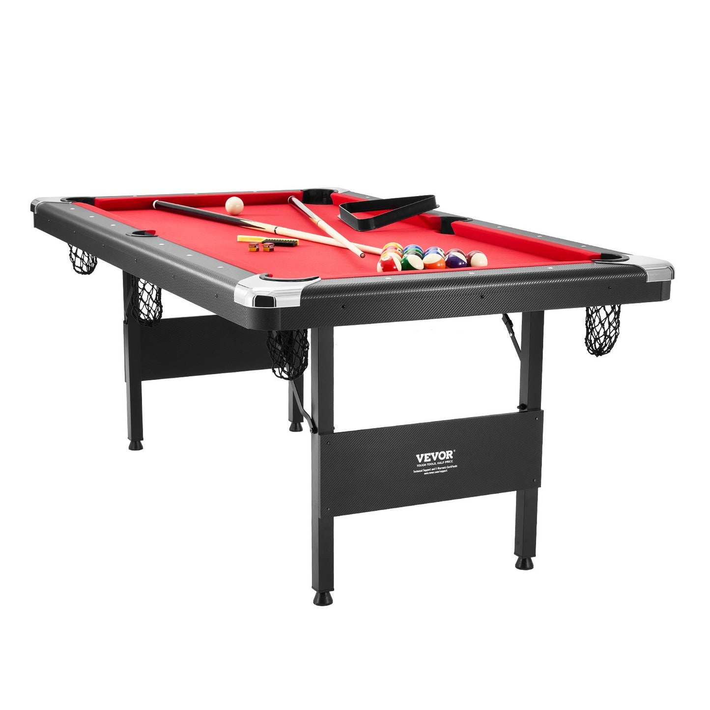 Billardtisch, 192 cm, tragbarer, platzsparender Klapptisch, Billardset inklusive Kugeln, Queues, Kreide und Bürste, schwarz mit rotem Tuch, ideal für das Familien-Spielzimmer, Kinder und Erwachsene