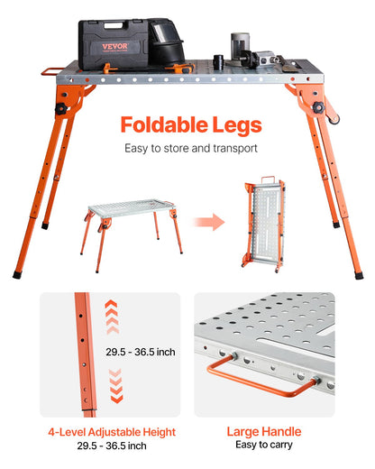 Foldable Welding Table 44" x 21", 500LBS Capacity Welding Workbench with 4-Level Adjustable Height, Carbon Steel Work Bench with 6 Tool Slots & 0.63" Fixture Holes for Welding Assembly Repair