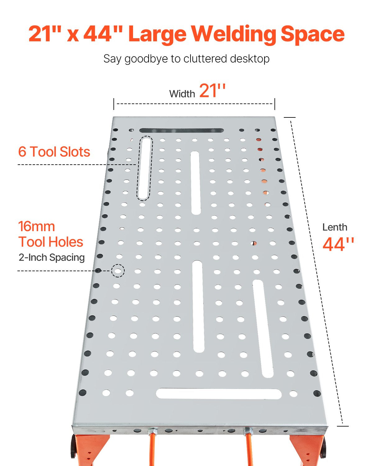 Foldable Welding Table 44" x 21", 500LBS Capacity Welding Workbench with 4-Level Adjustable Height, Carbon Steel Work Bench with 6 Tool Slots & 0.63" Fixture Holes for Welding Assembly Repair