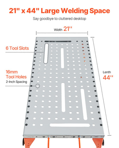 Foldable Welding Table 44" x 21", 500LBS Capacity Welding Workbench with 4-Level Adjustable Height, Carbon Steel Work Bench with 6 Tool Slots & 0.63" Fixture Holes for Welding Assembly Repair