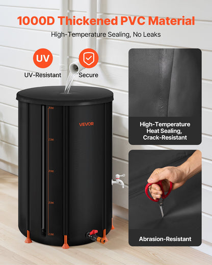 Zusammenklappbare Regentonne, 380 l, tragbar, aus 1000D PVC, Regenwassersammelsystem, Garten-Wasserauffangbehälter mit Wasserhahn und Überlauf, Schwarz