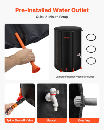 Zusammenklappbare Regentonne, 380 l, tragbar, aus 1000D PVC, Regenwassersammelsystem, Garten-Wasserauffangbehälter mit Wasserhahn und Überlauf, Schwarz