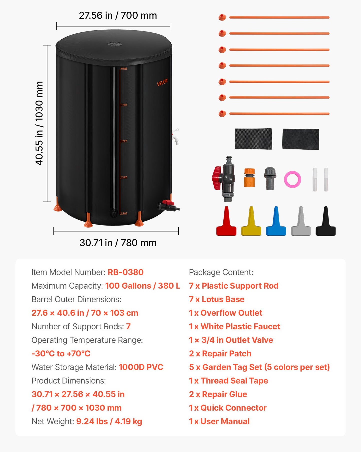 Zusammenklappbare Regentonne, 380 l, tragbar, aus 1000D PVC, Regenwassersammelsystem, Garten-Wasserauffangbehälter mit Wasserhahn und Überlauf, Schwarz