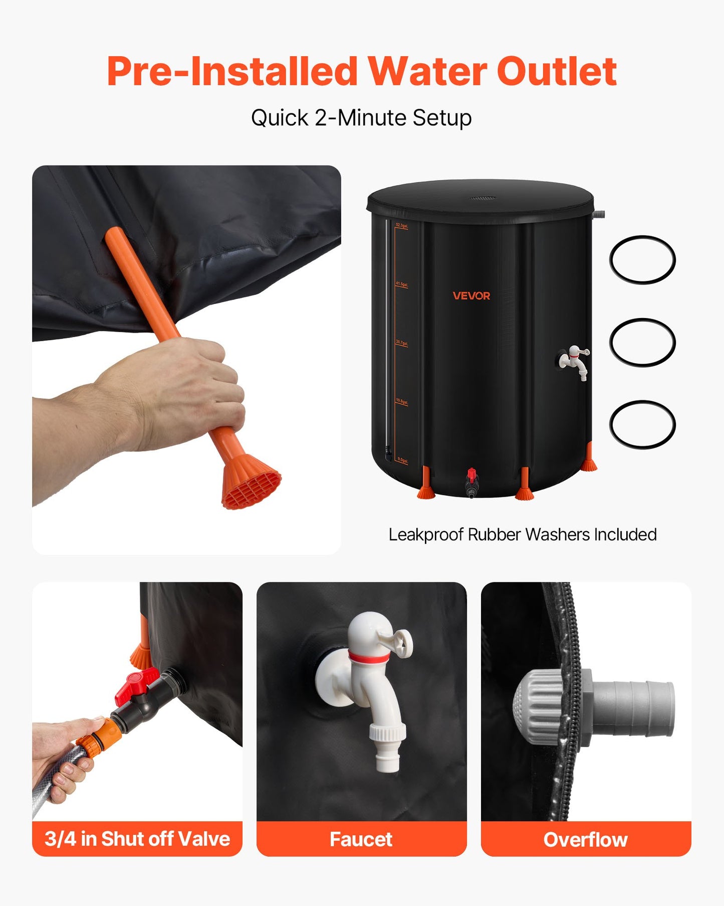 Zusammenklappbare Regentonne, 201 l, tragbare Regenwassersammeltonne, 1000D PVC-Regenwassersammelsystem, Garten-Wasserauffangbehälter mit Wasserhahn und Überlaufset, Schwarz