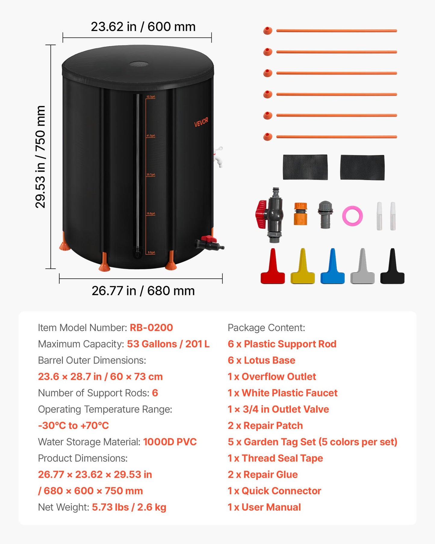 Zusammenklappbare Regentonne, 201 l, tragbare Regenwassersammeltonne, 1000D PVC-Regenwassersammelsystem, Garten-Wasserauffangbehälter mit Wasserhahn und Überlaufset, Schwarz