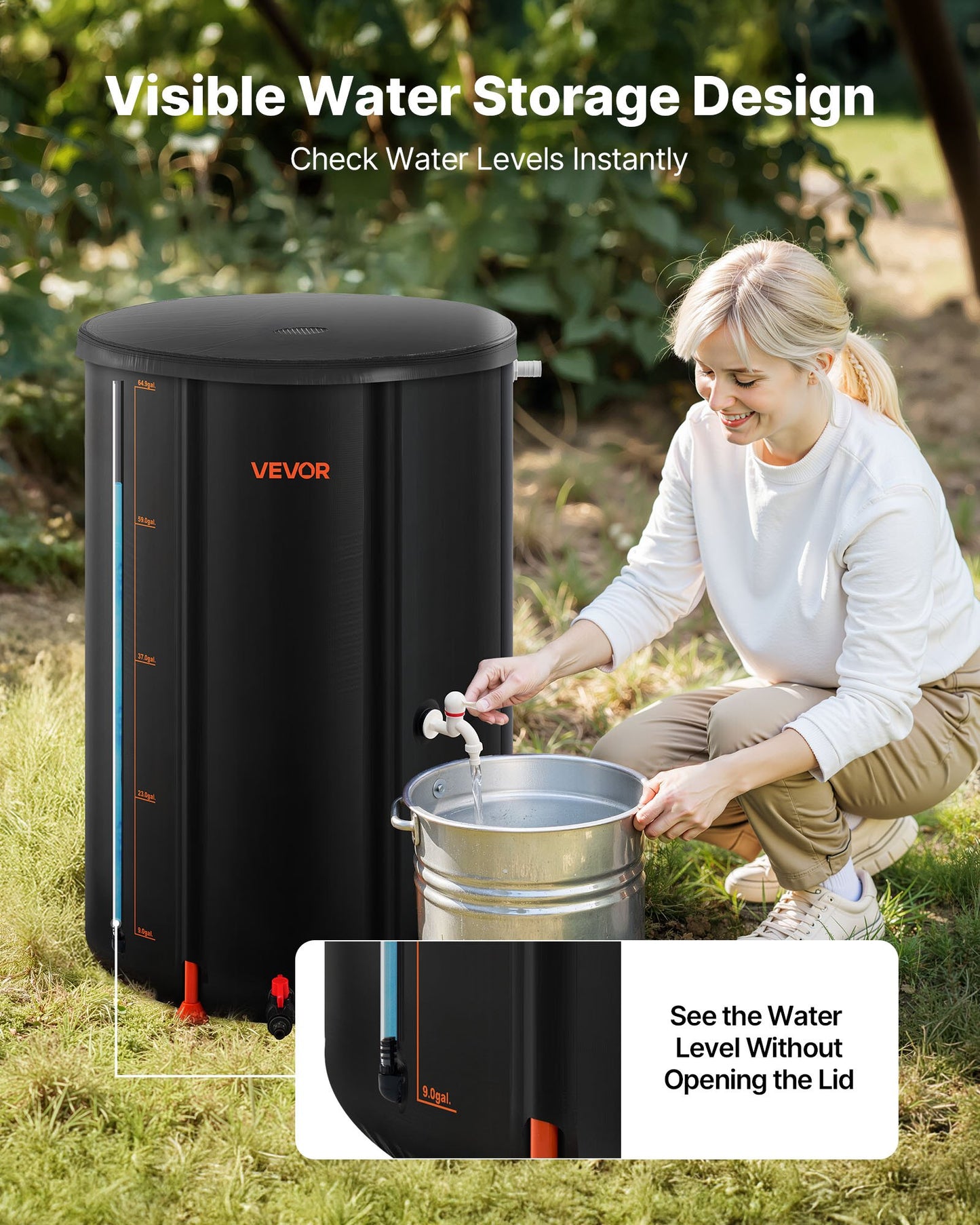 Faltbare Regentonne, 250 l, tragbar, aus 500D PVC, Regenwassersammelsystem, Garten-Wasserauffangbehälter mit Wasserhahn und Überlauf, Schwarz