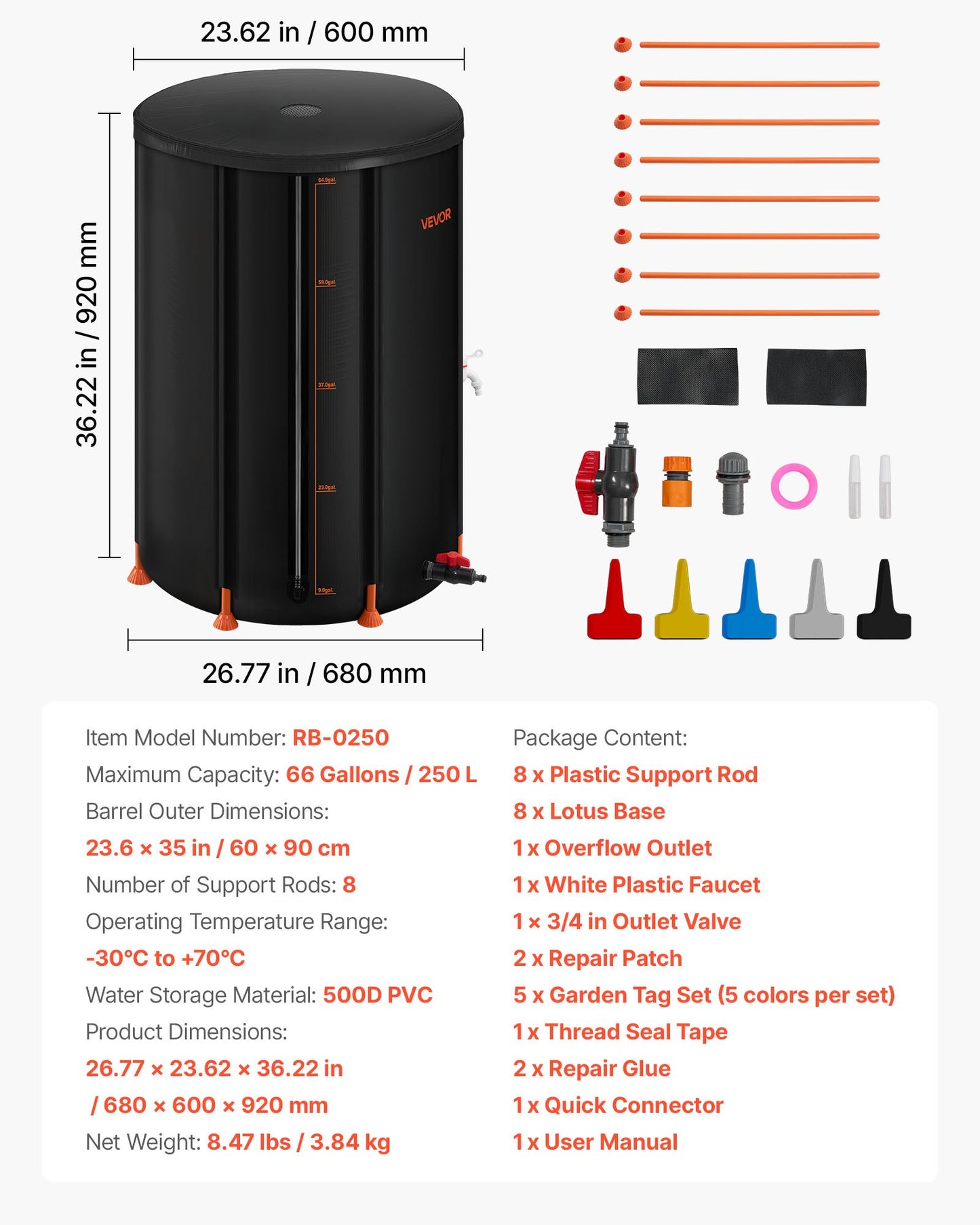 Faltbare Regentonne, 250 l, tragbar, aus 500D PVC, Regenwassersammelsystem, Garten-Wasserauffangbehälter mit Wasserhahn und Überlauf, Schwarz