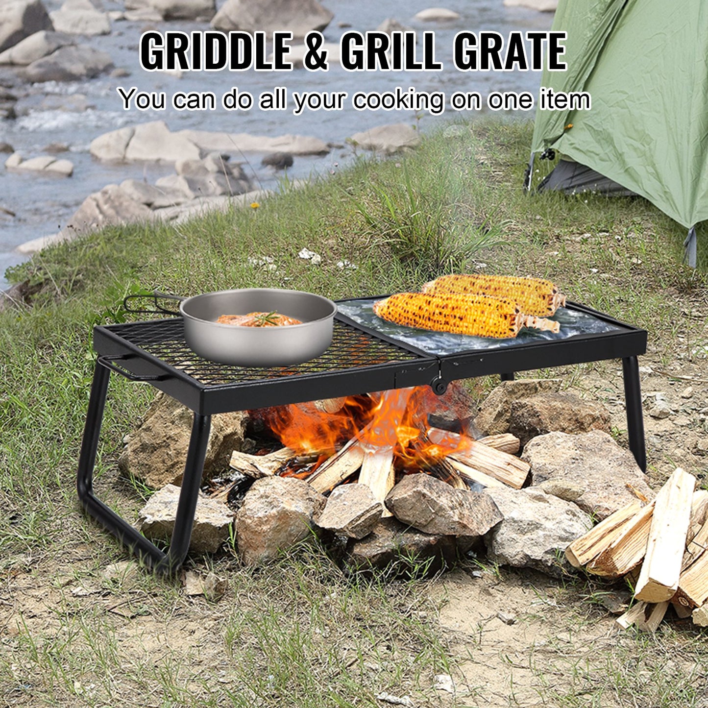 Folding Campfire Grill, Heavy Duty Steel Mesh Grate, 57cm Portable Camping Grates Over Fire Pit, Camp Fire Cooking Equipment with Legs Carrying Bag, Grilling Rack for Outdoor Open Flame Cooking