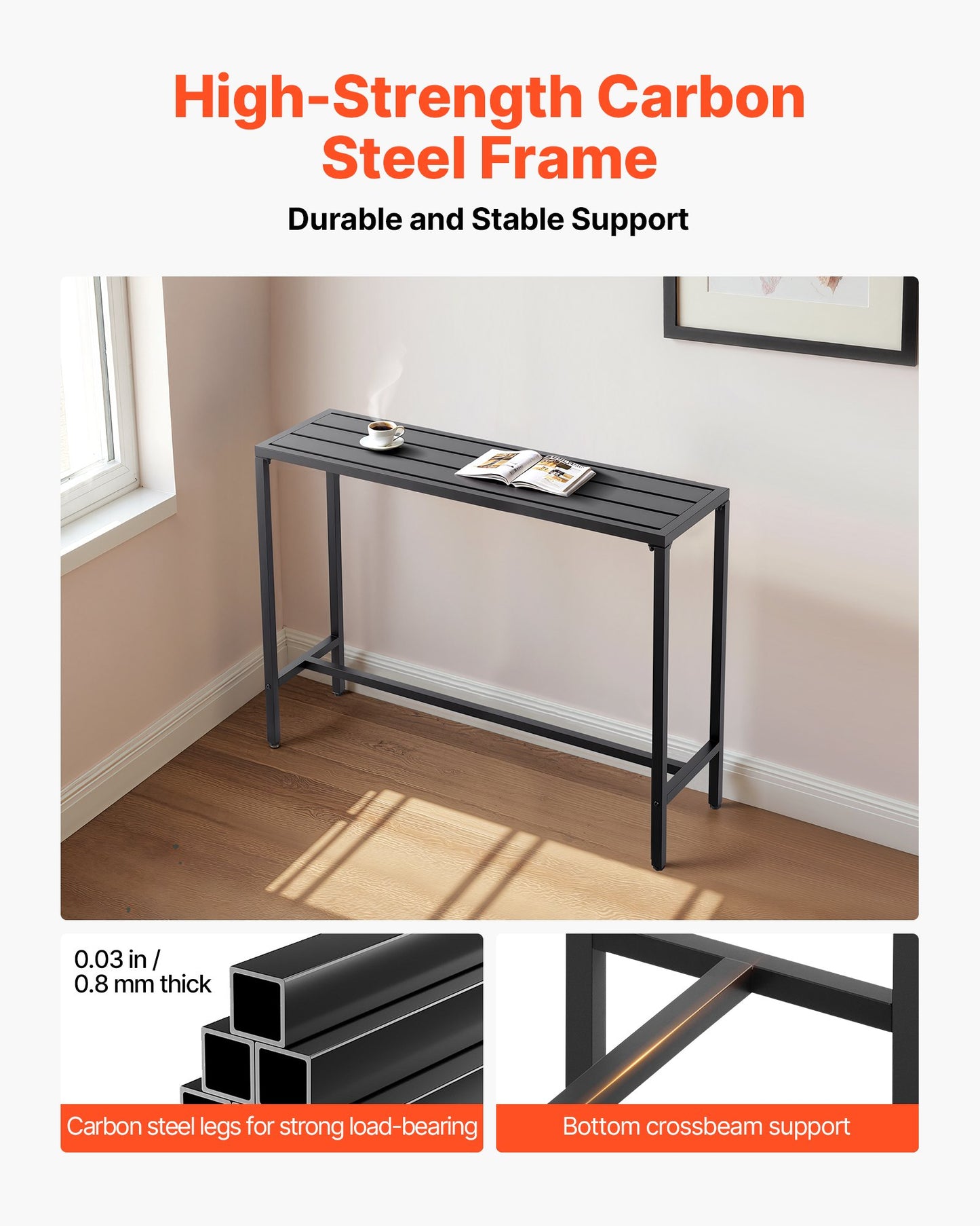 Gartentisch, 120 x 37,5 cm, wasserfeste Tischplatte und robustes Metallgestell, rechteckiger Stehtisch, Gartenmöbel für Balkon, Terrasse, Whirlpool, Poolbereich und Innenbereich