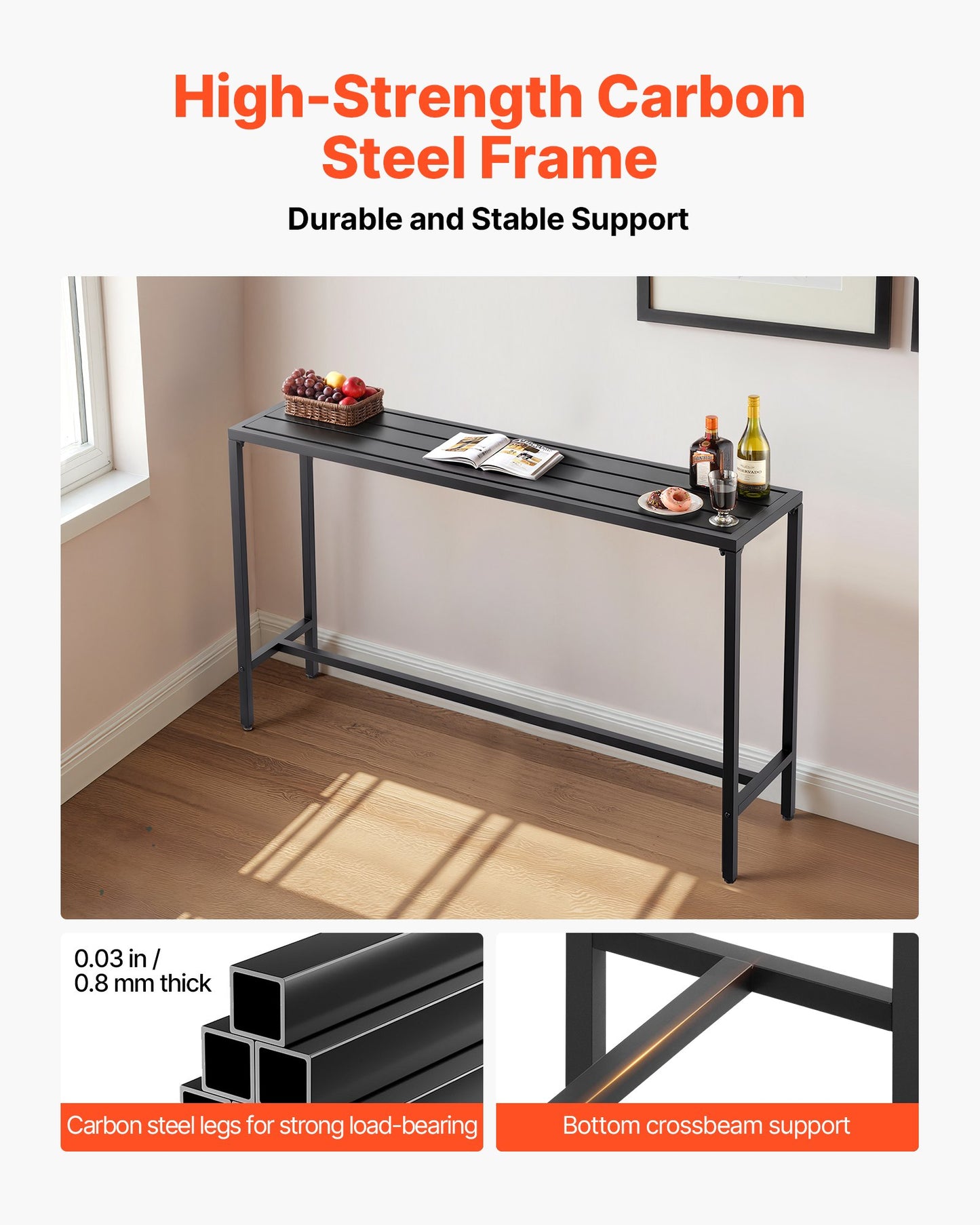 Gartentisch, 160 x 37,5 cm, wasserfeste Tischplatte und robustes Metallgestell, rechteckiger Stehtisch, Gartenmöbel für Balkon, Terrasse, Whirlpool, Poolbereich und Innenbereich