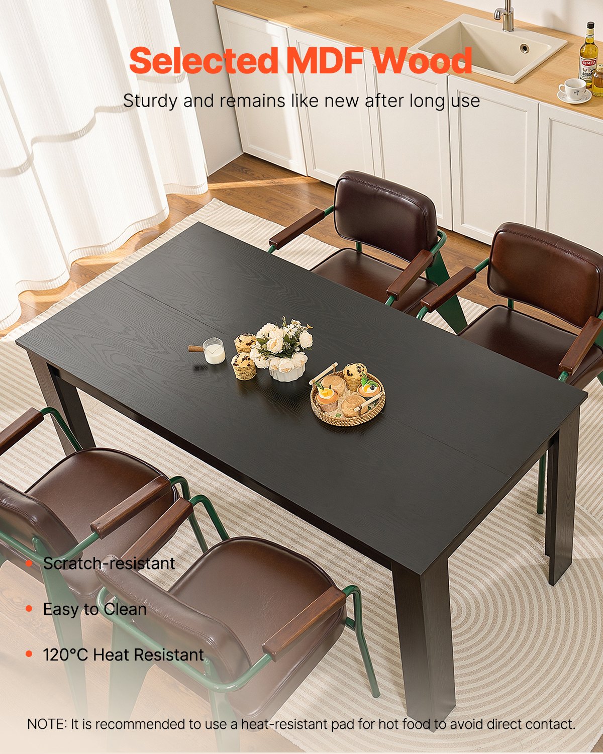 Rechteckiger Esstisch, 160 cm lang, großer Holztisch für 4-6 Personen, moderne Esszimmermöbel, Konferenztisch mit einer Tragkraft von 150 kg, für Küche und Wohnzimmer, Schwarz (nur Tisch)