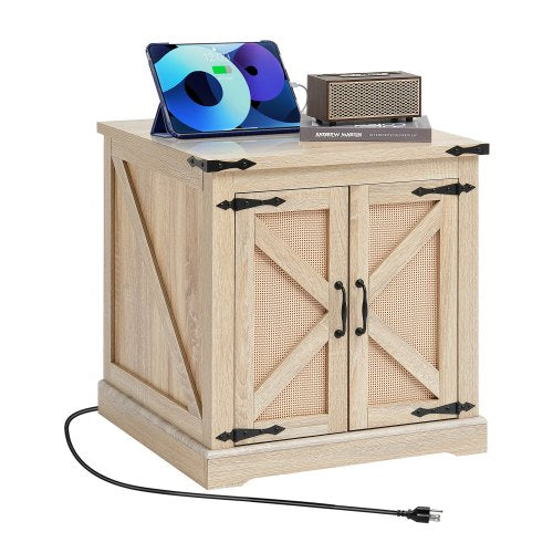 Farmhouse End Table, Rectangle PE Rattan Woven Wood Coffee Table, 24-Inch Modern Boho Style Storage Coffee Table with Retro Metal Hinges, for Living Room, Bedroom & Small Spaces