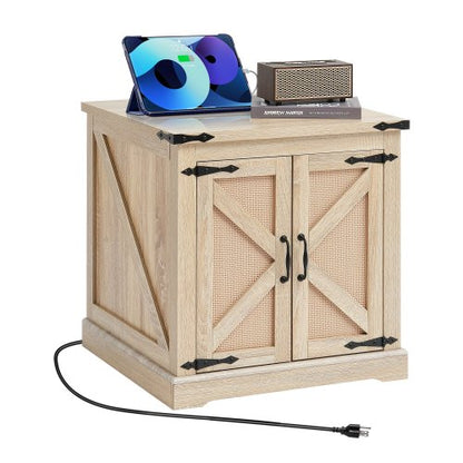 Farmhouse End Table, Rectangle PE Rattan Woven Wood Coffee Table, 24-Inch Modern Boho Style Storage Coffee Table with Retro Metal Hinges, for Living Room, Bedroom & Small Spaces