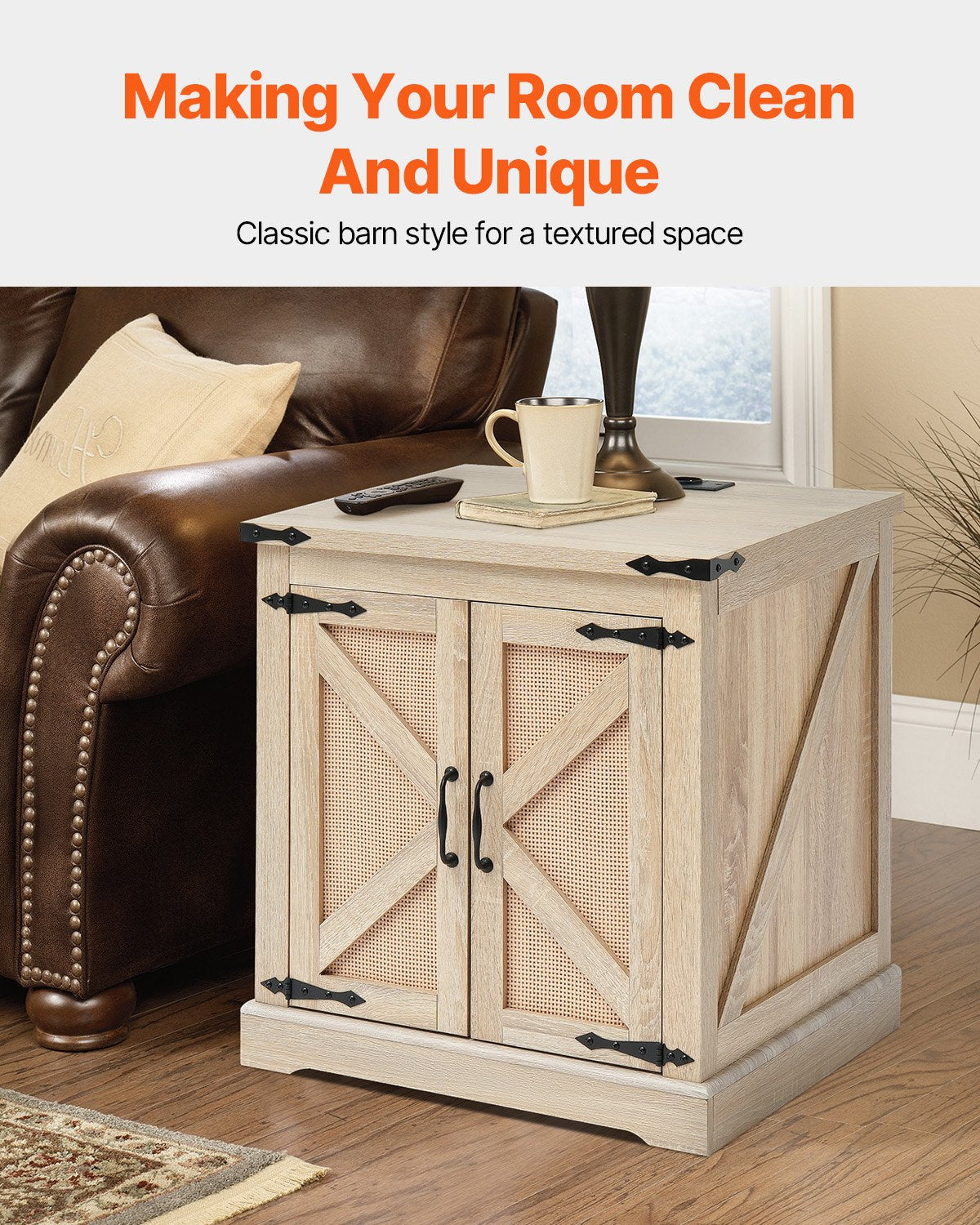 Farmhouse End Table, Rectangle PE Rattan Woven Wood Coffee Table, 24-Inch Modern Boho Style Storage Coffee Table with Retro Metal Hinges, for Living Room, Bedroom & Small Spaces